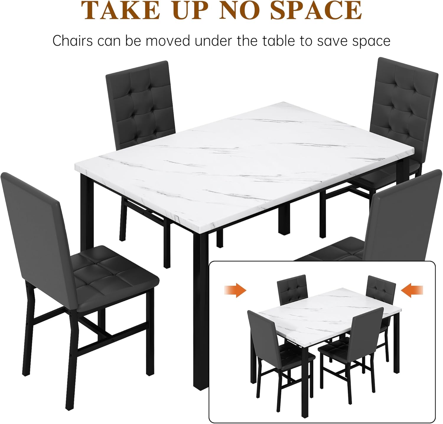 AWQM Dining Table Set for 4,Faux Marble Kitchen Table and Chairs Set of 4, Modern Dining Room Table Set for 4,Dinner Table with 4 Leather Chairs, Dinette Set for Small Spaces (White & Black)