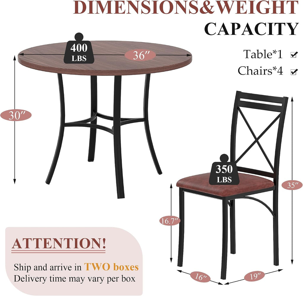 VECELO 5 Piece Dining Table Set for 4, Wood Grain Dinette with Chairs for Kitchen, Breakfast Nook, Small Space, Dark Brown