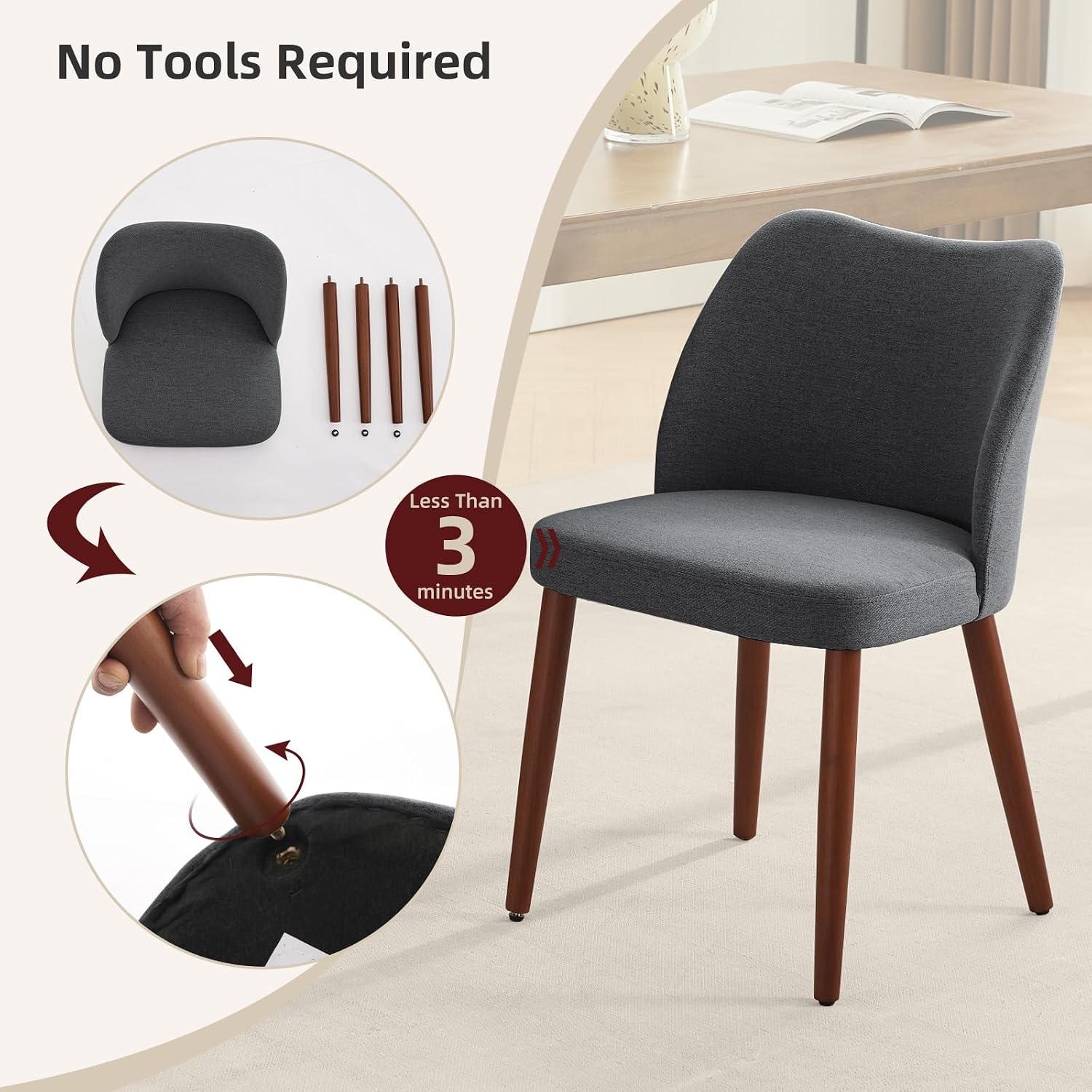 GarveeHome Linen Dining Chairs Set of 4 Upholstered Fabric Dining Chair with Wood Legs, Wing Backrest, Wooden Kitchen Chairs with Thick Cushions, Leveling Feet for Dining Room, Living Room, Dark Grey
