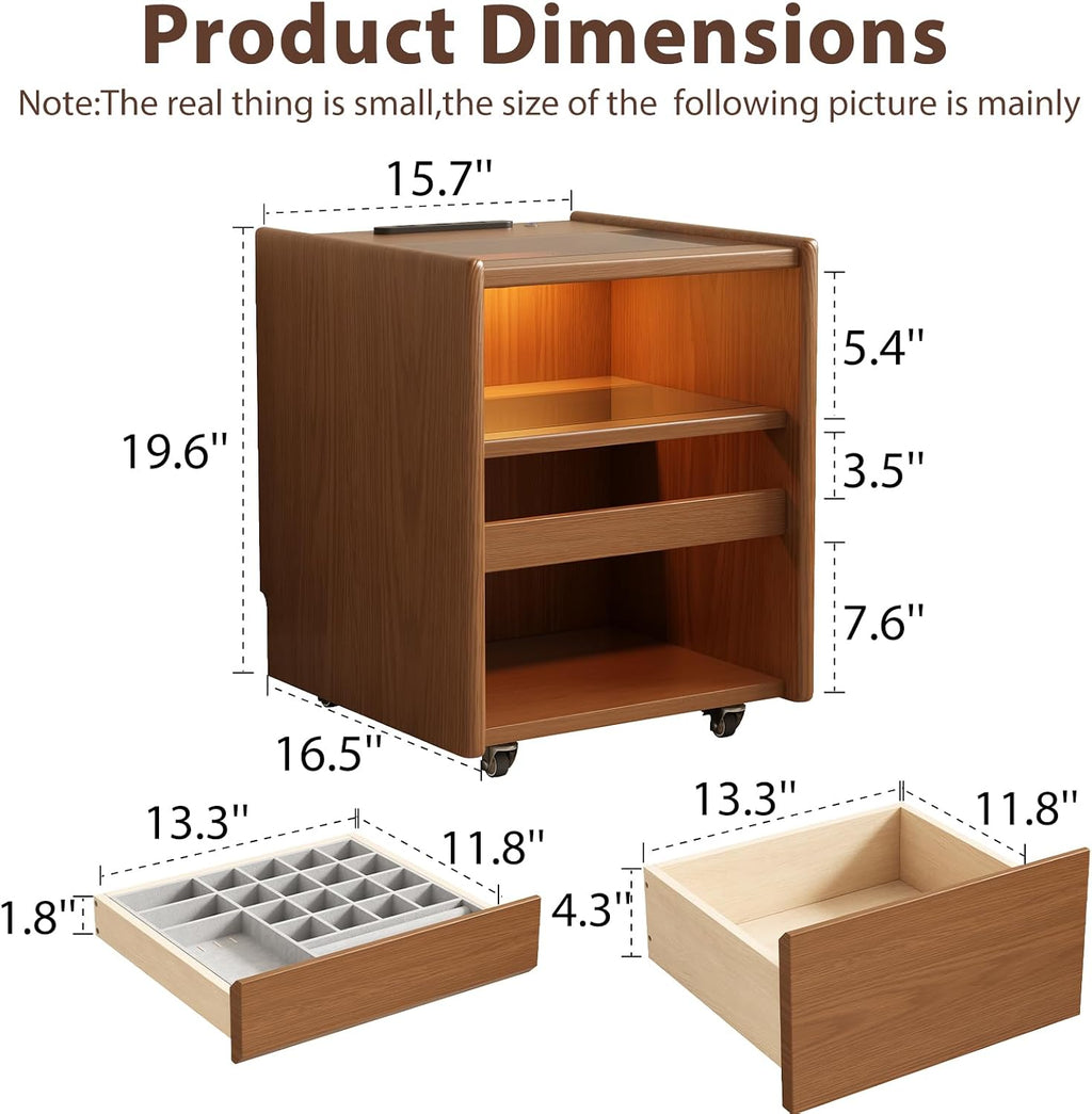Solid Wood Nightstand,LED Nightstand with Charging Station,Narrow Bedside Table with Jewelry Box,Small Night Stand with Wheels,Modern Night Stand for Bedroom,Living Room,Dressing Room