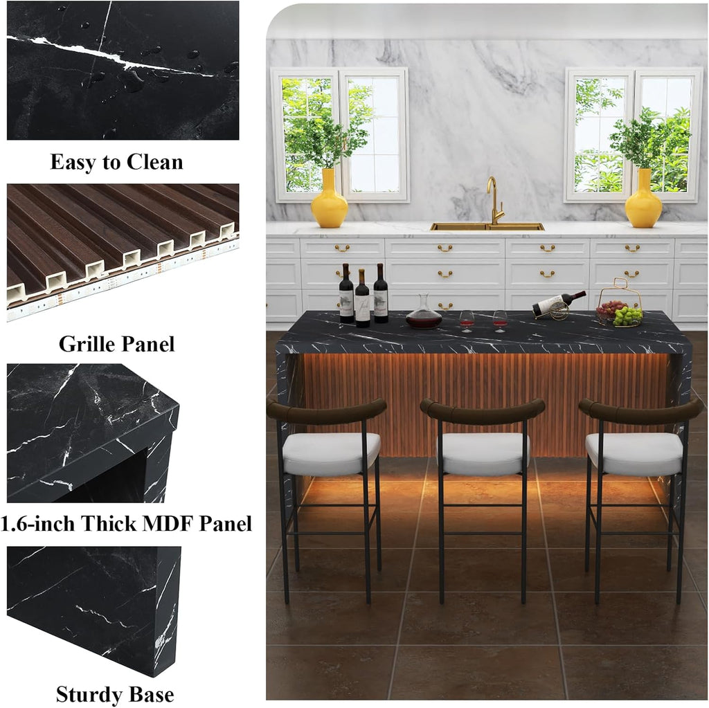 71' Large Imitation Marble Dining Table for 4-6 People, Island Table with LED Lights, Mordern Marble Stripes Kitchen Dining Table with Grille design for Dining Room, Home, Living Room (black)