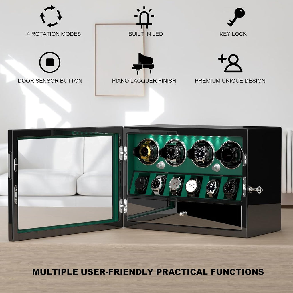 DUKWIN Watch Winder for 4/6/8 Automatic Watches, Lockable Winders with Watch Holders and Jewelry Storage, Super Quiet Motor with High-Gloss Finish, Built-in Illumination