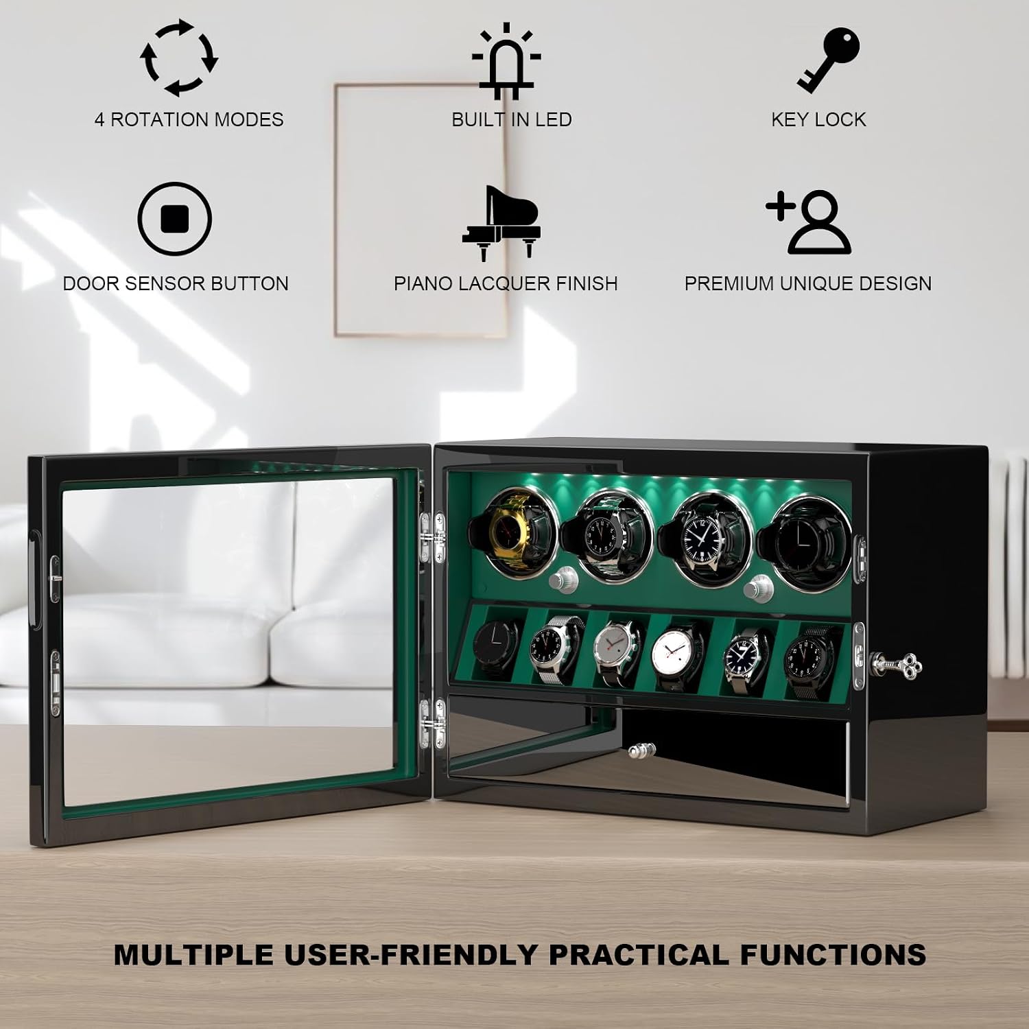 DUKWIN Watch Winder for 4/6/8 Automatic Watches, Lockable Winders with Watch Holders and Jewelry Storage, Super Quiet Motor with High-Gloss Finish, Built-in Illumination