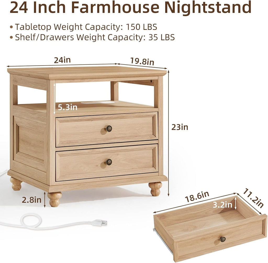 Joaxswe Farmhouse Nightstand Set of 2 with Charging Station, 24' Wide End Table with 2 Drawers,Natural Dresser for Bedroom,Bed Side Table Chest of Drawers Cabinet, Night Stand for Living Room