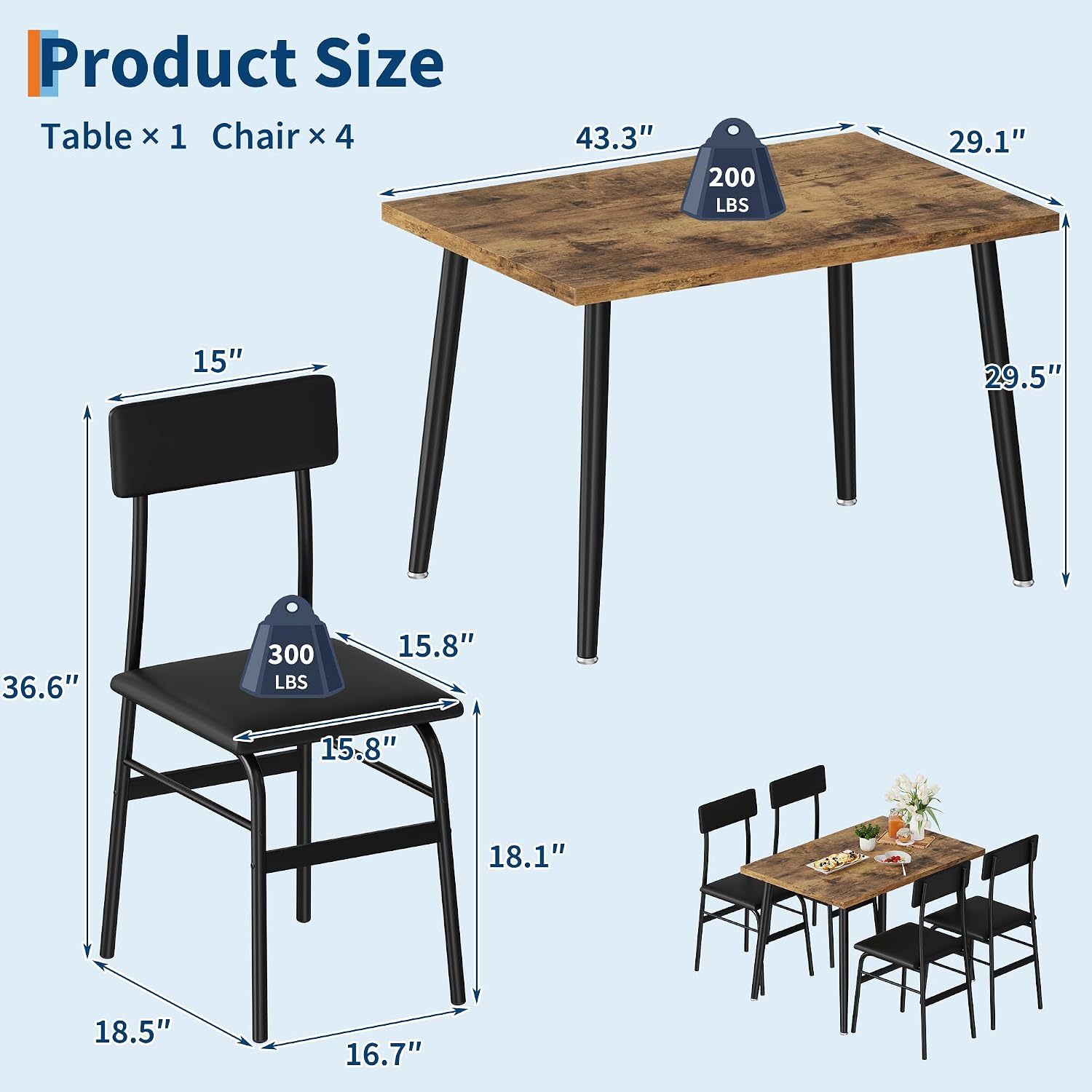 IDEALHOSUE Dining Table Set for 4, 5 Piece Kitchen Table Set with 4 Upholstered Chairs, Breakfast Table for Samll Space, Dining Room, Apartment, Restaurant, Rustic Brown