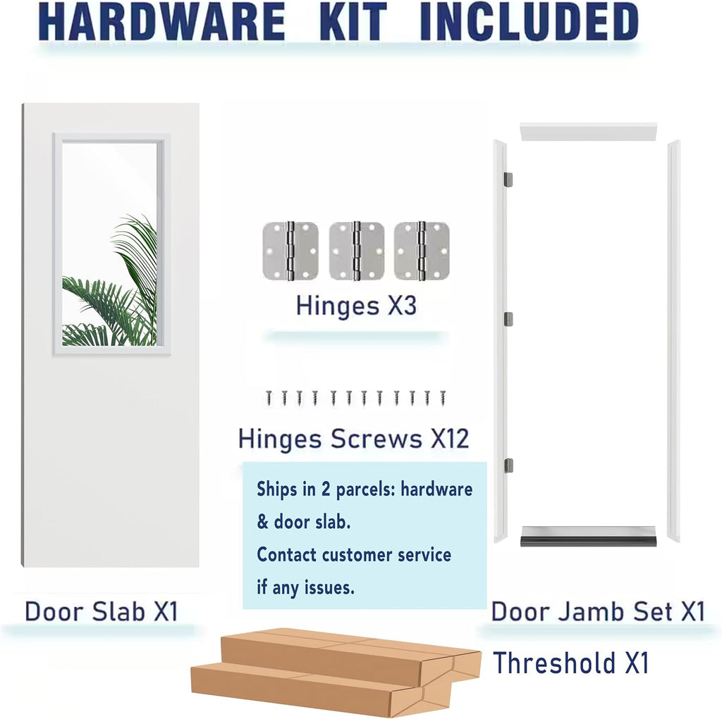 Front Door，36' x 80' 1-Lite Exterior Door, Left-Handed Clear Glass Entry Door, Solid Wood & MDF Construction, Prehung Door Jamb & Threshold Hardware Kit, Waterproof Primer