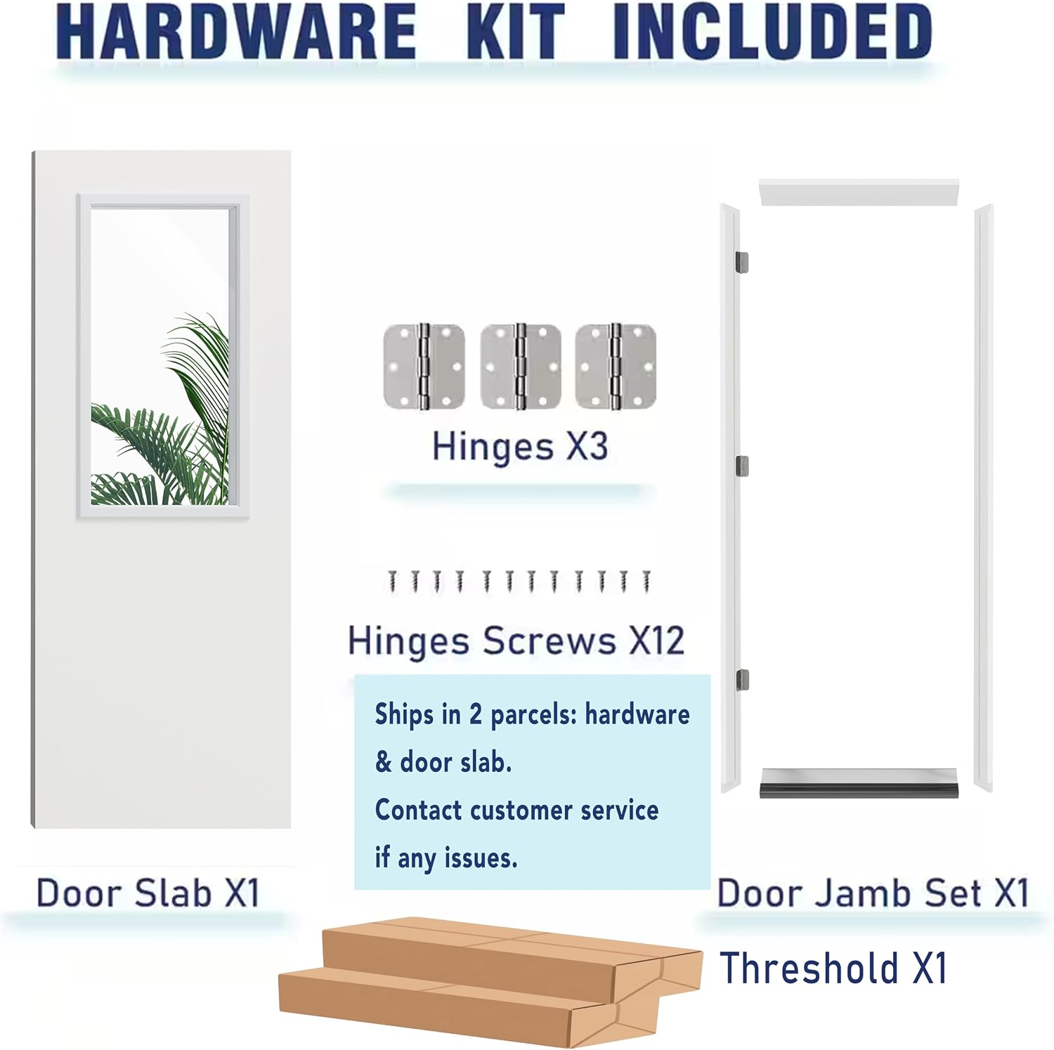 Front Door，36' x 80' 1-Lite Exterior Door, Left-Handed Clear Glass Entry Door, Solid Wood & MDF Construction, Prehung Door Jamb & Threshold Hardware Kit, Waterproof Primer