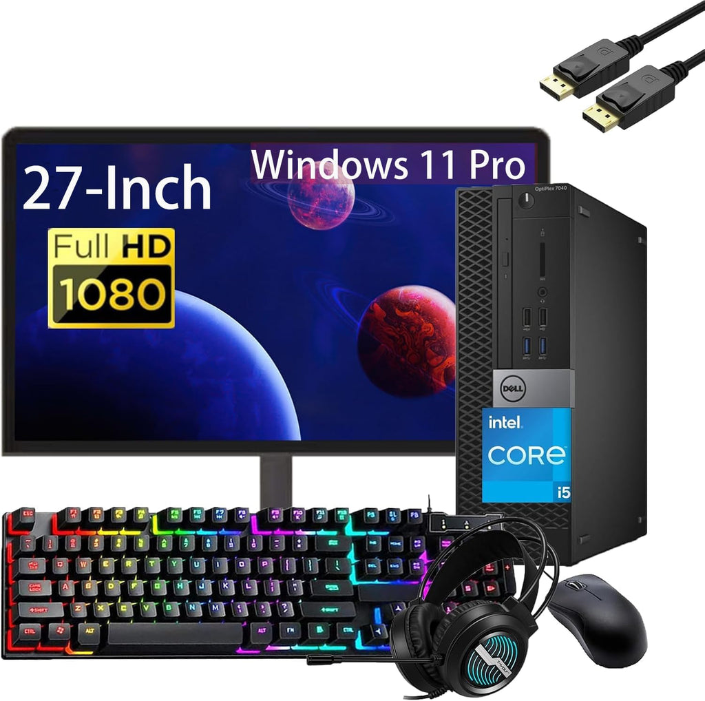 Dell OptiPlex 7040 SFF Desktop PC with 27' FHD Monitor, RGB Headset, Intel Core i5-6500, 16GB RAM, 512GB SSD, Keyboard, Mouse, USB WiFi & Bluetooth, Windows 11 Pro (Renewed)