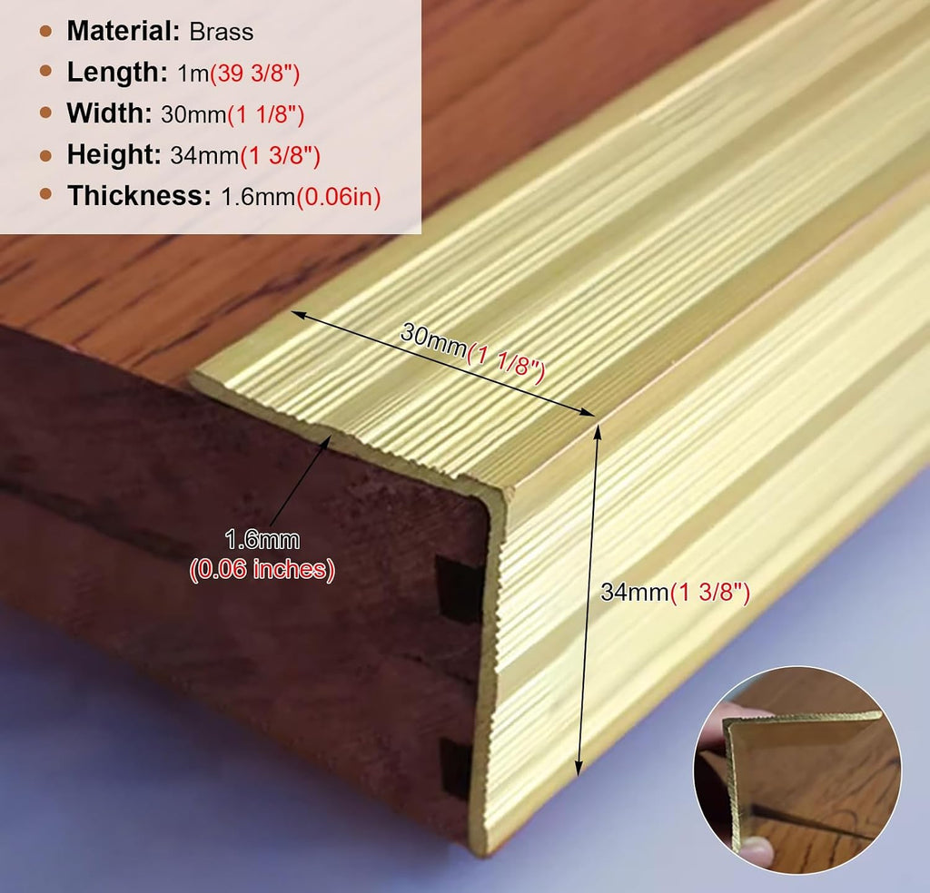 Non-Slip Stair Edge Protector Solid Brass, L Molding Stair Nosing Strips for Stair Step Exterior, Floor Transition Strip Edge Guard for Tile/Wood(30x34mm(1 1/8' x1 3/8'))