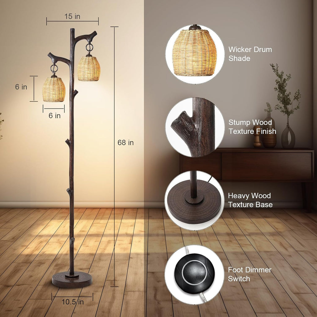 Scenekoy 68' High Farmhouse Rustic Country Cottage Floor Lamp Tree Trunk Faux Wood Column Dark Bronze Wicker Drum Shade Decor for Living Room Bedroom Reading Room