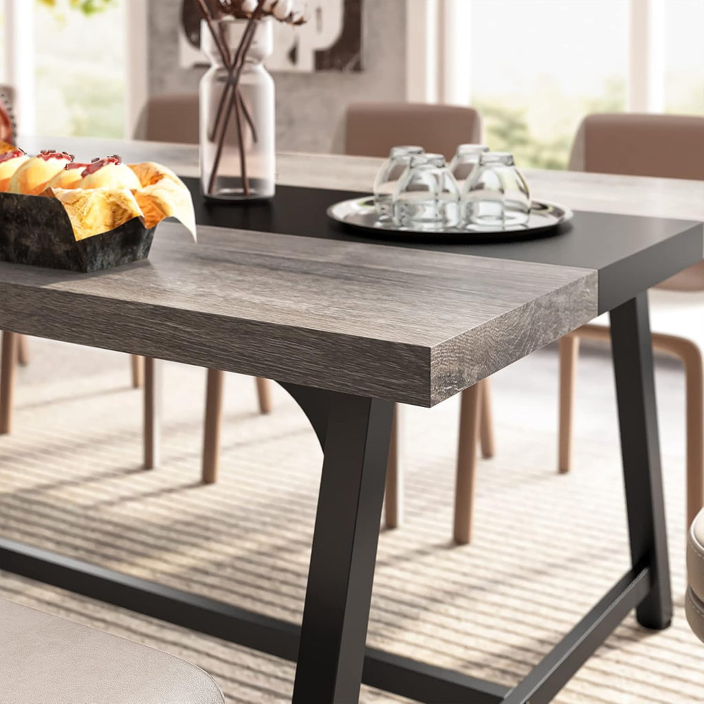 Tribesigns Dining Table for 8 People, 70.87-inch Rectangular Wood Kitchen Table with Strong Metal Frame, Industrial Large Long Dining Room Table for Big Family (Gray, No Chair)
