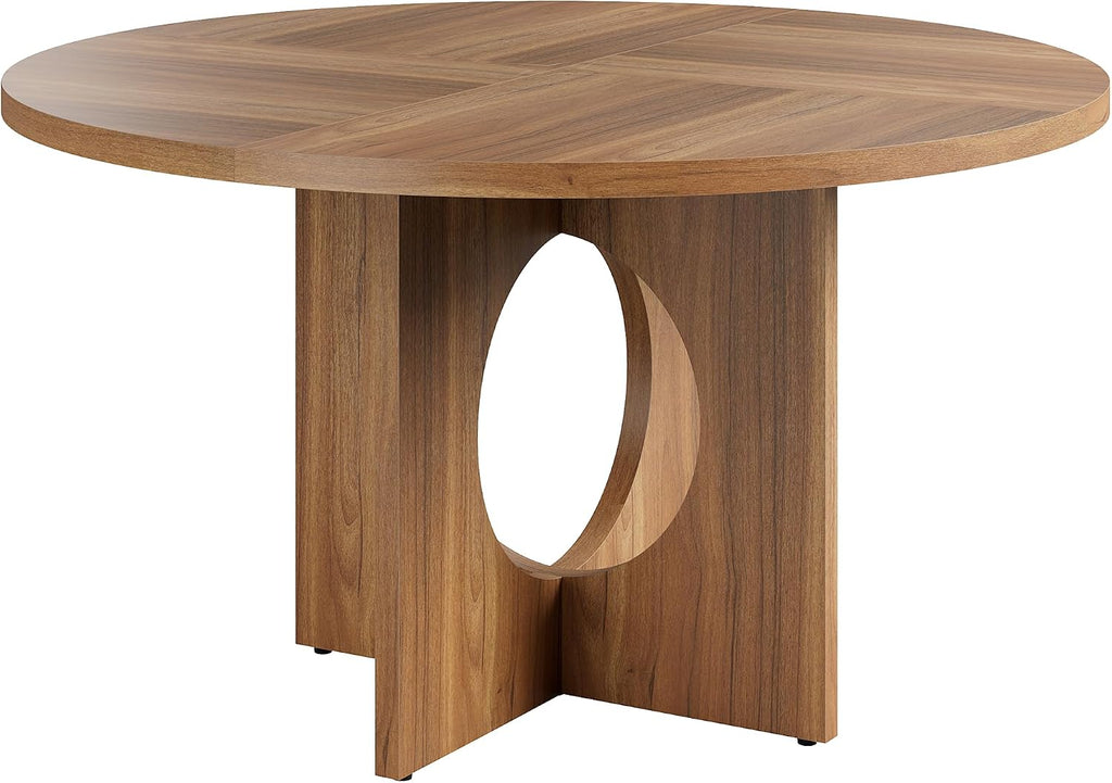 Garvee 47' Round Dining Table for 4-6 People - Circle Kitchen Dinner Table with Sturdy Pedestal Base, Space Saving Dinning Room Furniture for Living Room, Kitchen, Apartment, Brown