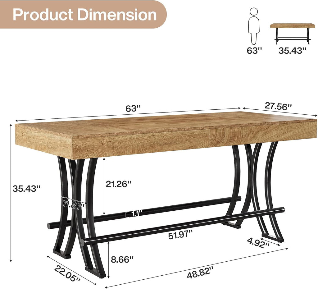 Tribesigns 63' Counter Height Bar Table with Metal Footrest, Rectangular Tall Kitchen Dining Pub Table, Industrial Home Bar Unit for Entertaining, Freestanding, Rustic Brown