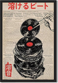 RINMFEO Japanese Retro Music Canvas Art Vintage Melting Vinyl Record Newspaper Print Abstract Beat Poster Funny Aesthetic Wall Decor For Home Bedroom Dorm 24x36inch Black frame