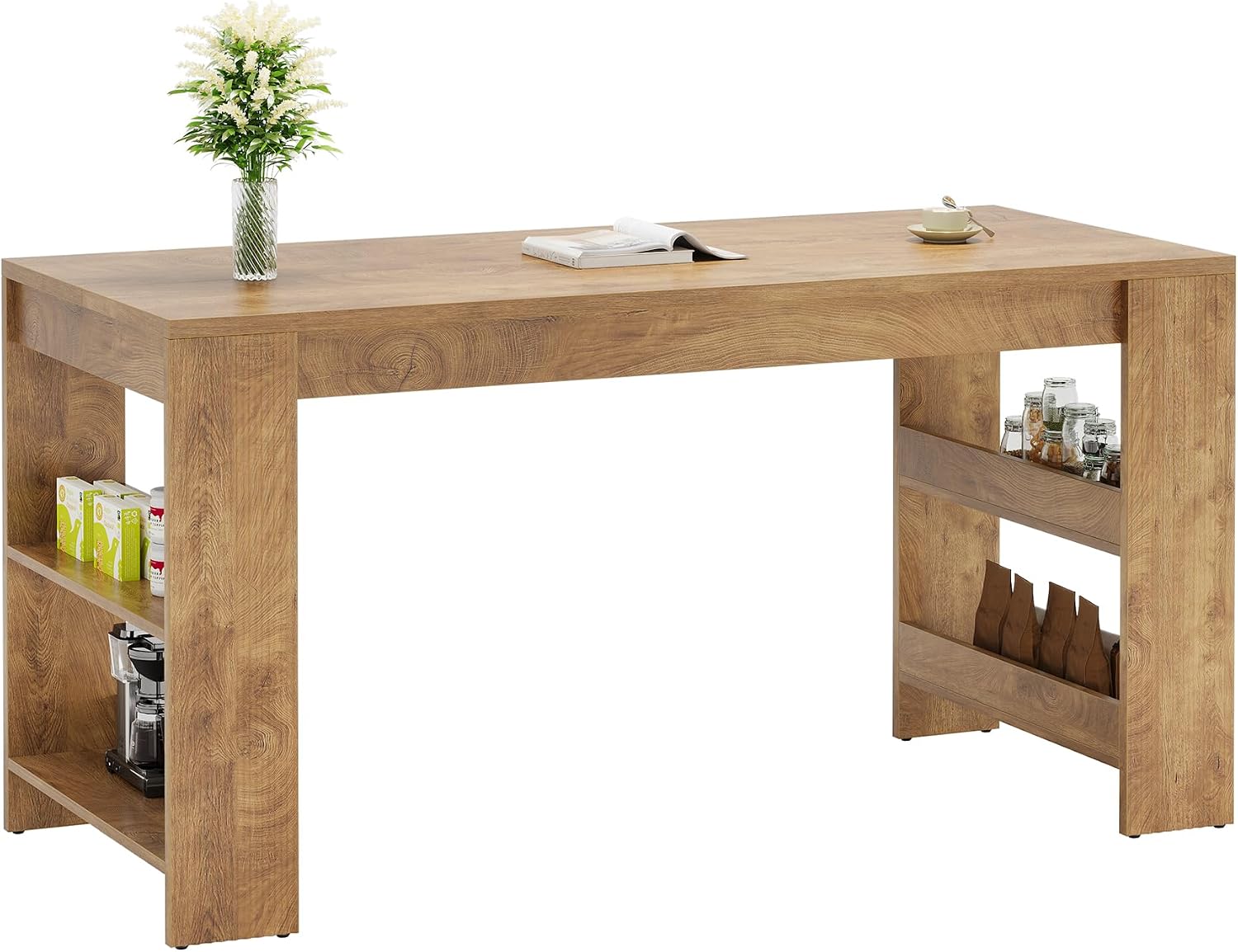 Tribesigns 63-Inch Bar Table, Farmhouse Counter Height Pub Table with Storage Shelves, High Top Bar Unit for Kitchen, Dining Room, Bistro, Natural