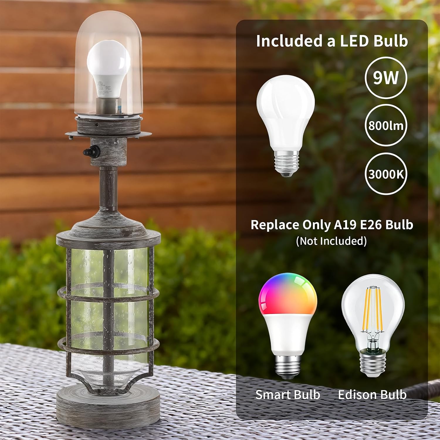 Outdoor Table Lamp, Farmhouse Lamp for Patio Table Decor with Cord, Rustic Table Light with Seeded Glass, 23.5' Plug-in Outdoor Lamps for Patio Waterproof, LED Bulb Included (Antique White Color)