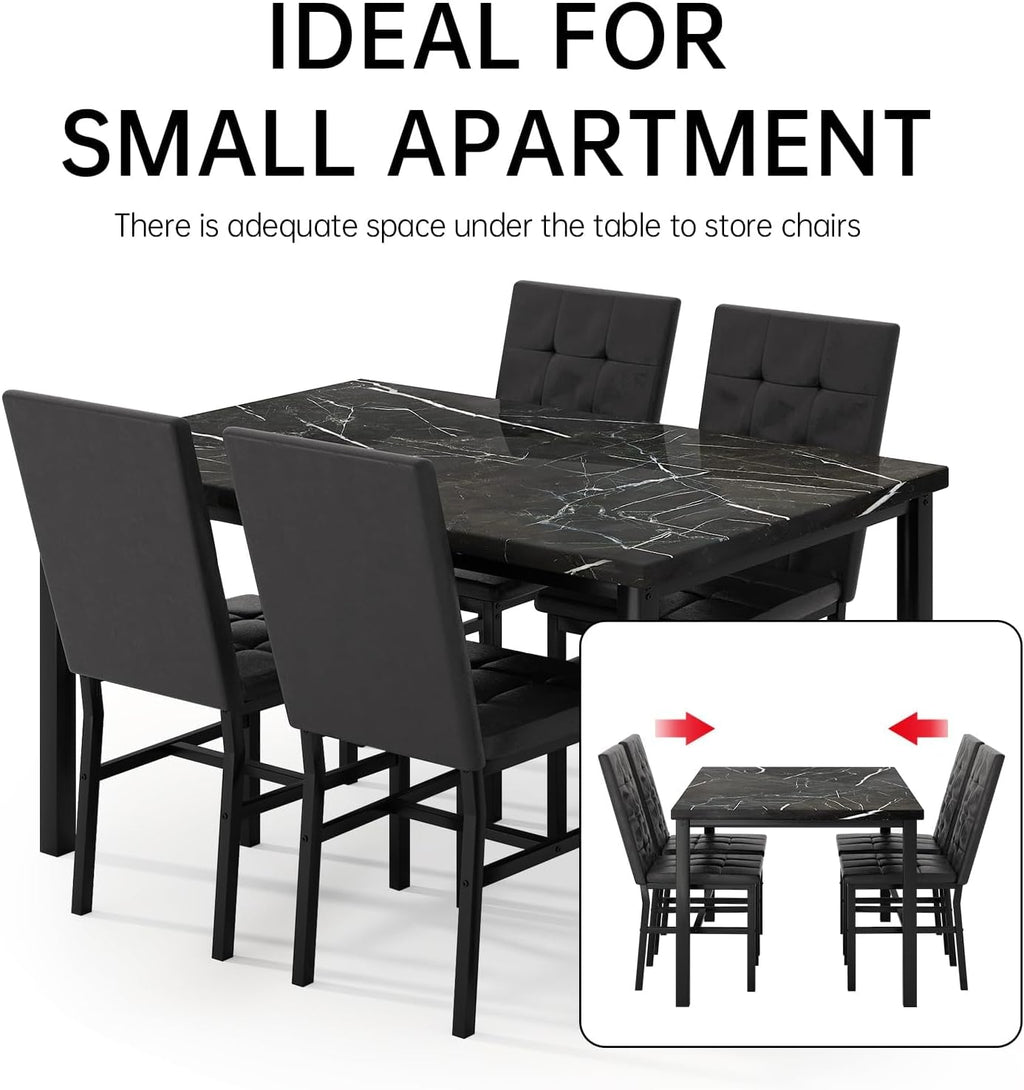 Hooseng Kitchen Table Set 5 Piece Dining Room Table Set Marble Dining Table 4 Chair Dining Table Set for Kitchen Living Room Breakfast Small Spaces (Black)