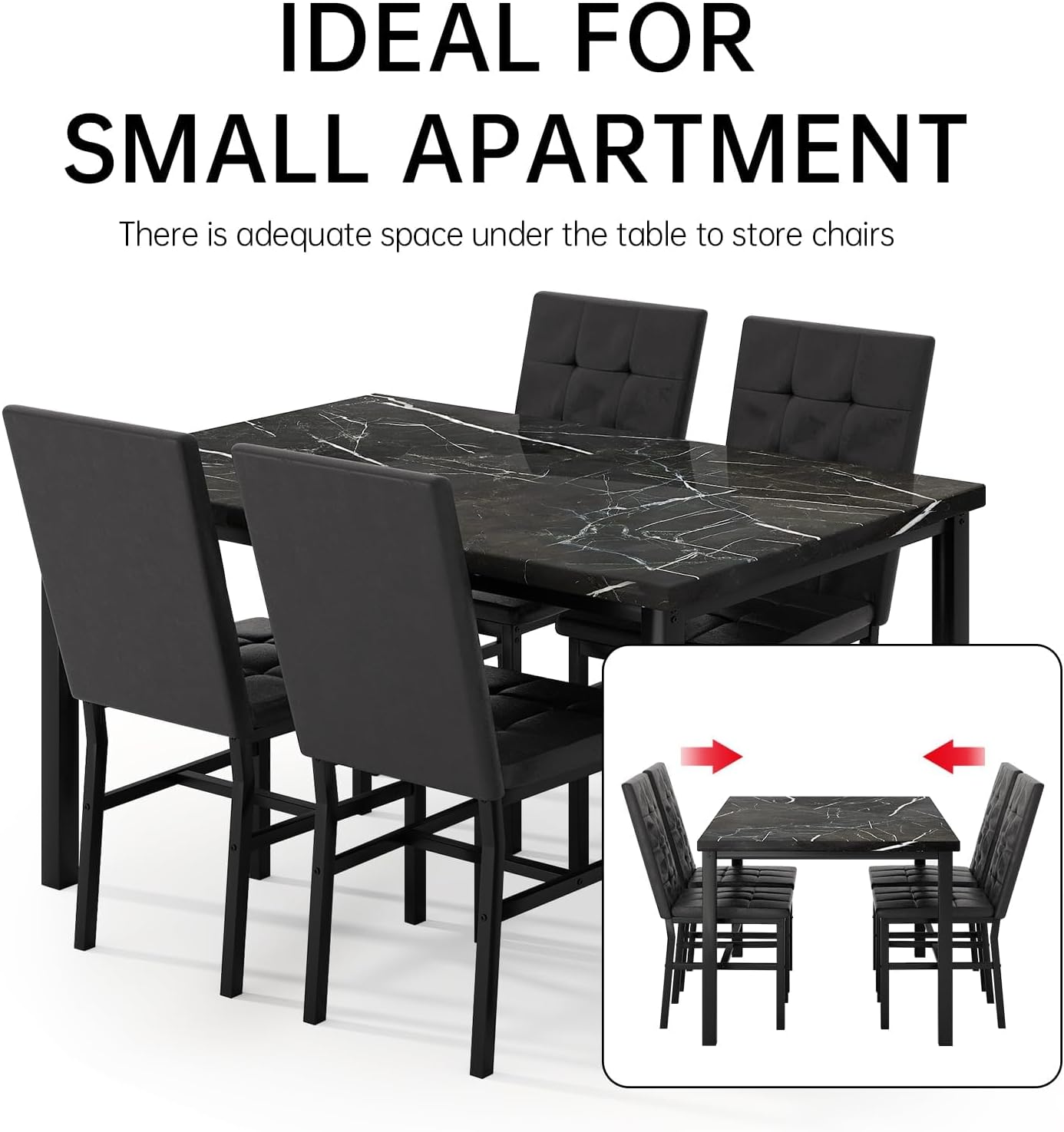 Hooseng Kitchen Table Set 5 Piece Dining Room Table Set Marble Dining Table 4 Chair Dining Table Set for Kitchen Living Room Breakfast Small Spaces (Black)