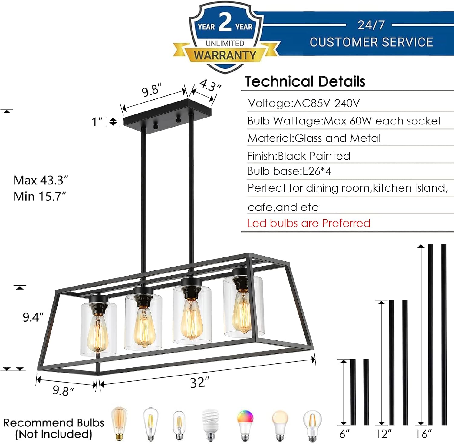 Black Farmhouse Chandeliers for Dining Room, Rustic Kitchen Island Light Fixture, 4-Lighting Linear Pendant Lamp Kitchen Island with Glass Shade ，Apply to Dining Room Light fixtures Over Table