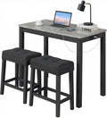 COSTWAY 3-Piece Bar Table Set with Charging Station, Modern Counter Height Breakfast Table w/Faux Marble Top & 2 Padded Stools, Wooden Console Table Set for Living Room, Kitchen, Dining Room (Gray)