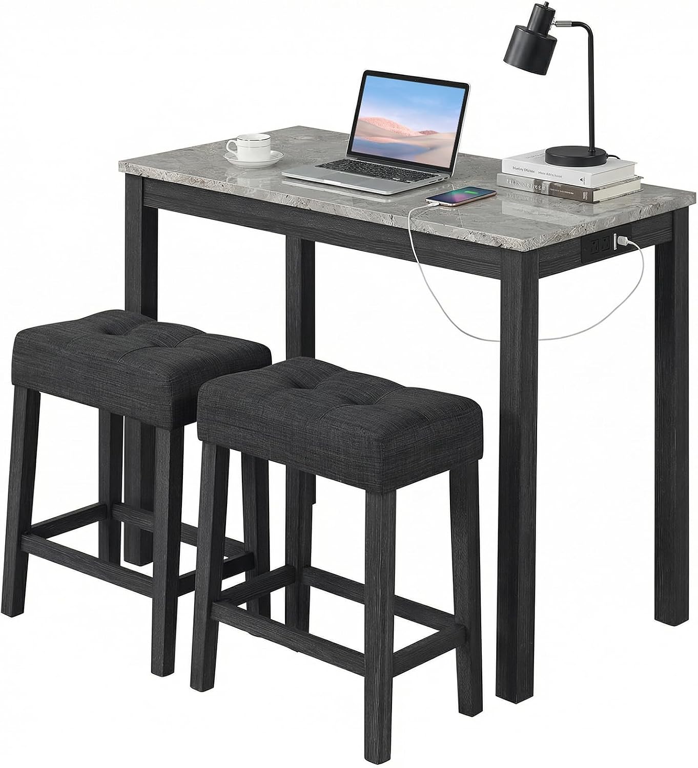 COSTWAY 3-Piece Bar Table Set with Charging Station, Modern Counter Height Breakfast Table w/Faux Marble Top & 2 Padded Stools, Wooden Console Table Set for Living Room, Kitchen, Dining Room (Gray)