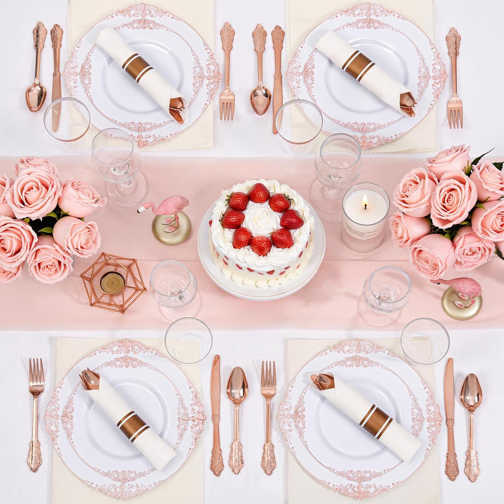 Nervure 700PCS Rose Gold Plastic Plates - Rose Gold Plastic Dinnerware Sets for 100 Guests - 200 White Disposable Plates, 300 Silverware, 100 Cups, 100 Napkins for Wedding & Party