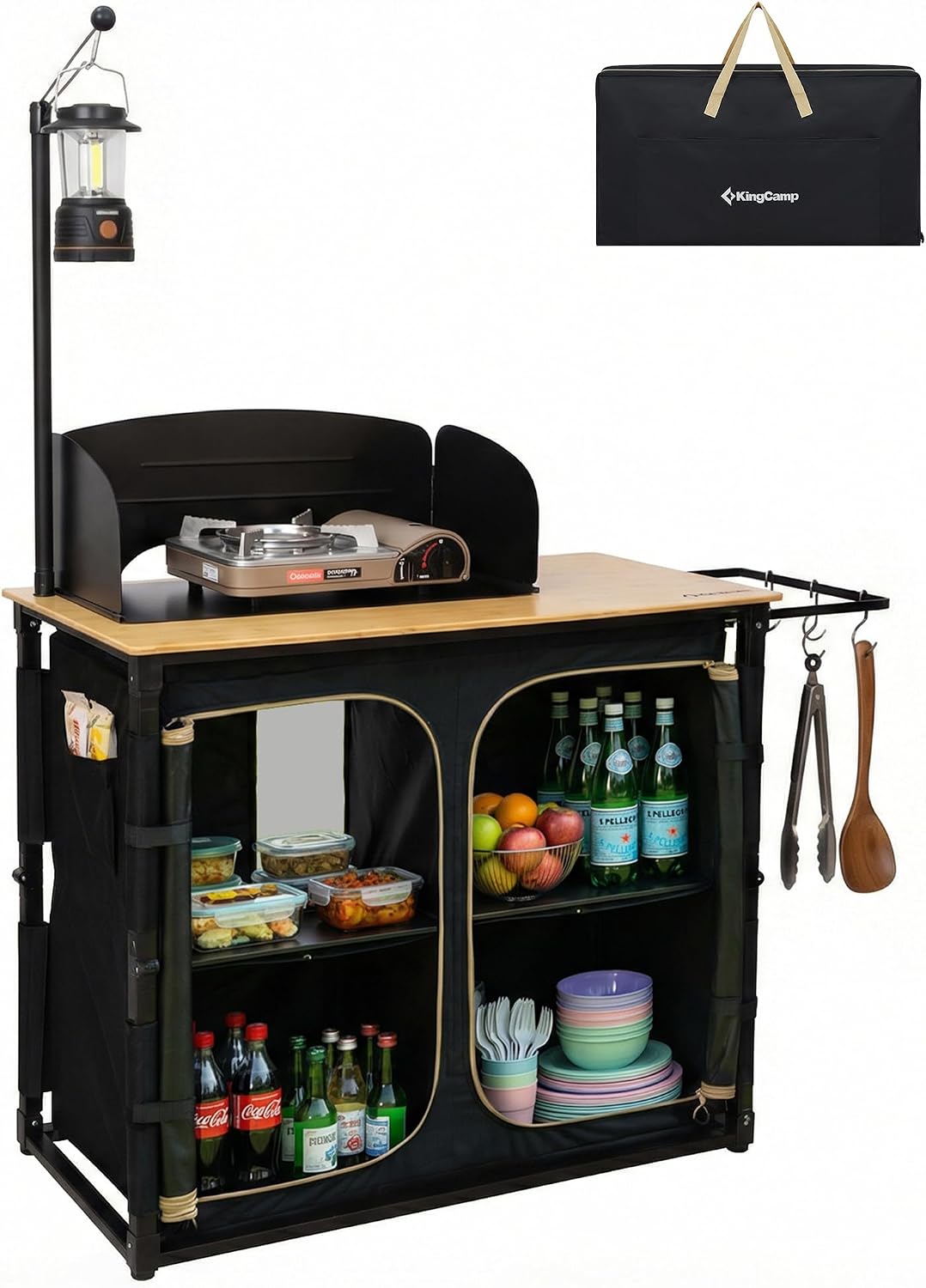 KingCamp Bamboo Camp Kitchen Station, Folding Overland Camping Kitchen Table Hooks Portable Outdoor Cooking with Adjustable Lantern Pole & Windshield Storage Organizer for Tailgating BBQ Picnic RV