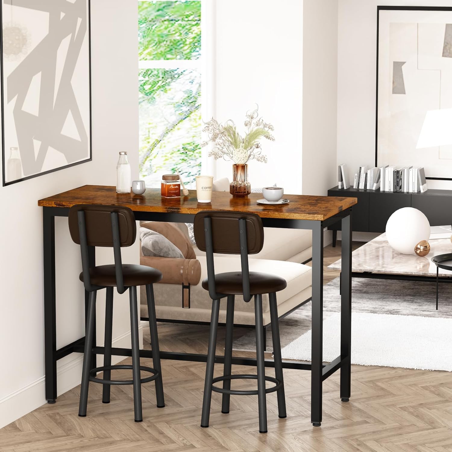 AWQM 47.2'' Pub Height Table Set for 4,Kitchen Dining Set with 2 Bar Table Table and 4 PU Leather Stools with Backrest,for Breakfast Nook,Living Room,Small Space,Bar,Rustic Brown & Brown, APHT-2