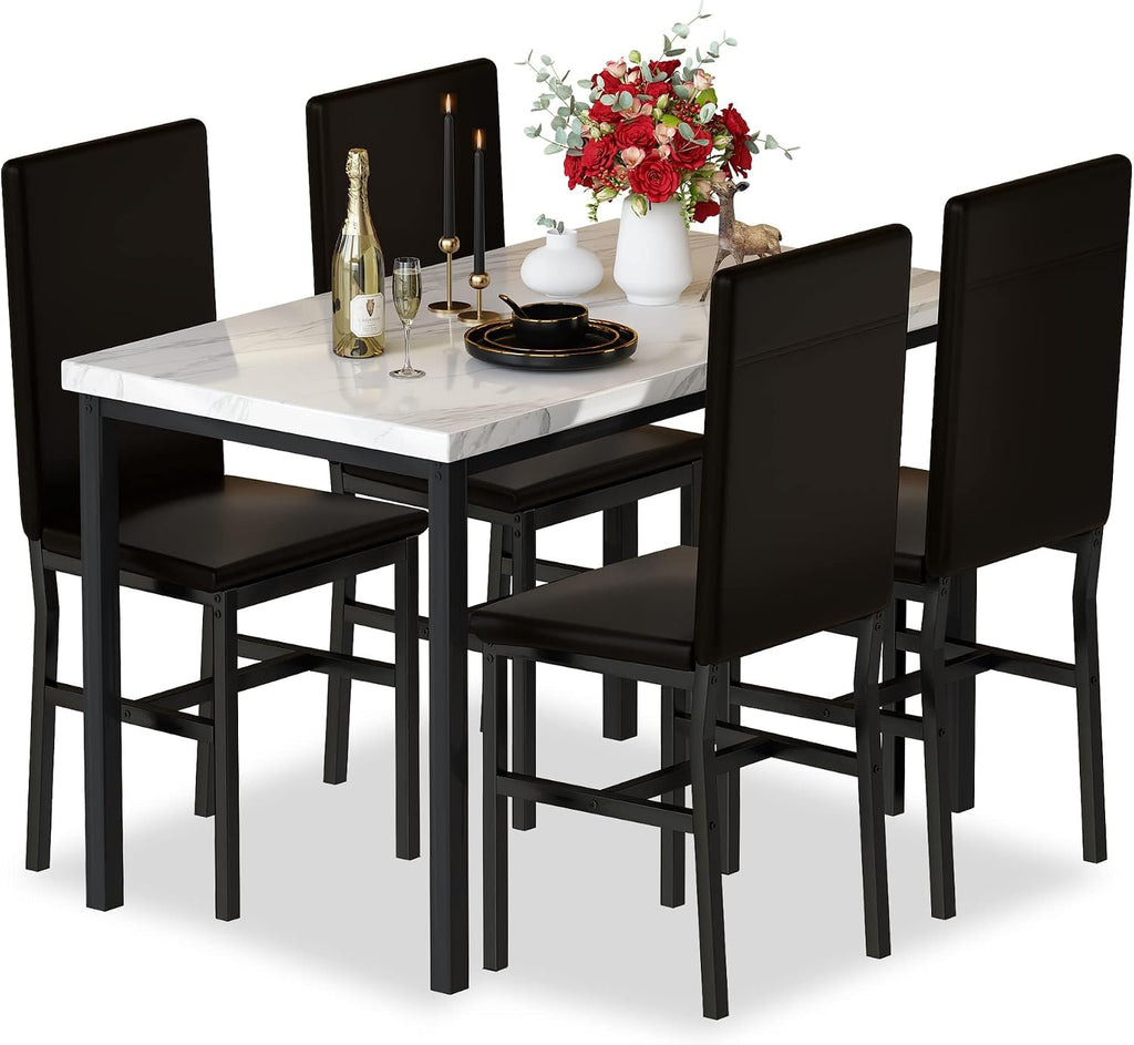 Hooseng Dining Table Set for 4, Modern Faux Marble Kitchen Table with 4 PU Leather Chairs, 5 Piece Dining Room Sets for Dinette, Breakfast Nook, Black