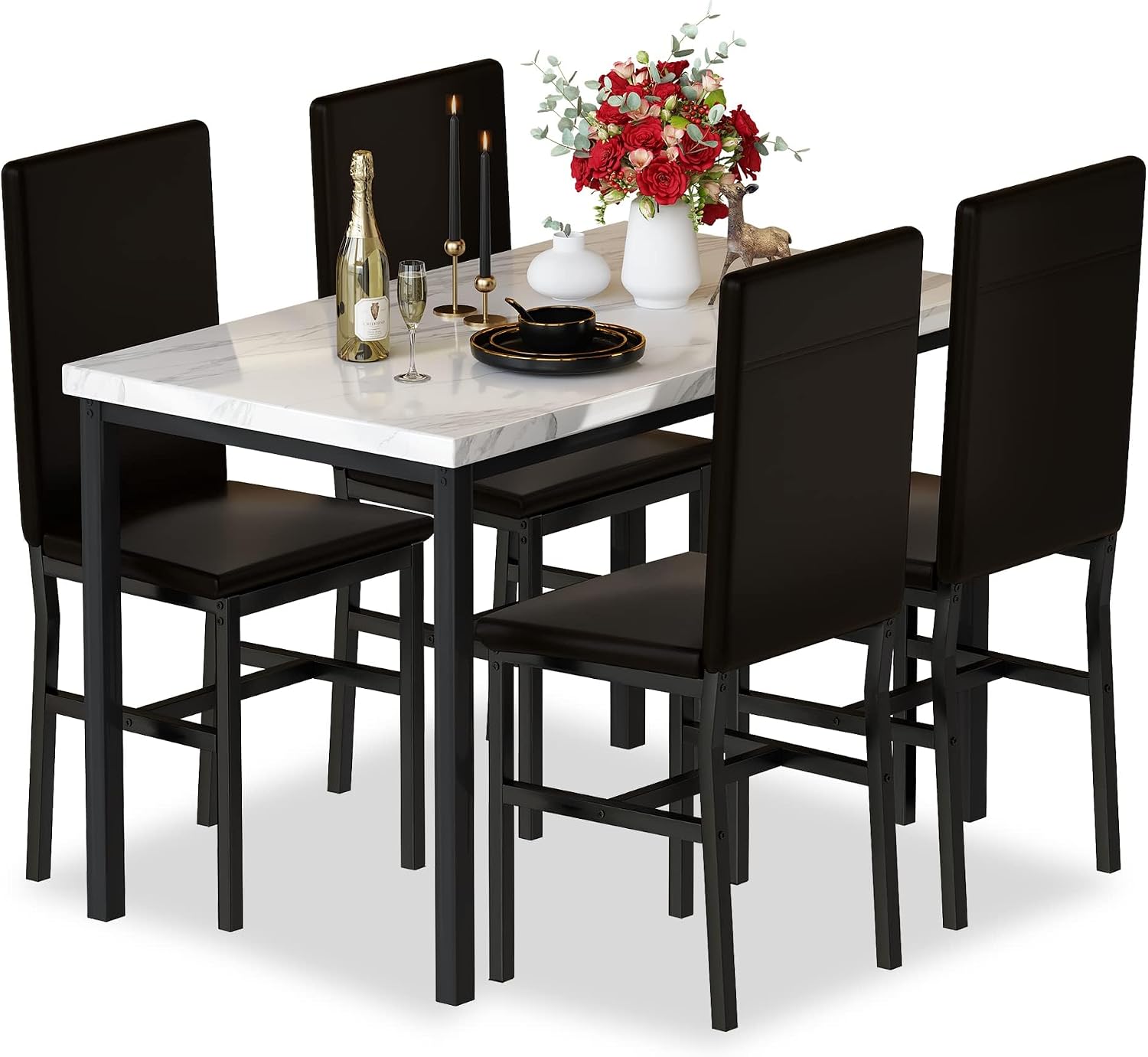 Hooseng Dining Table Set for 4, Modern Faux Marble Kitchen Table with 4 PU Leather Chairs, 5 Piece Dining Room Sets for Dinette, Breakfast Nook, Black