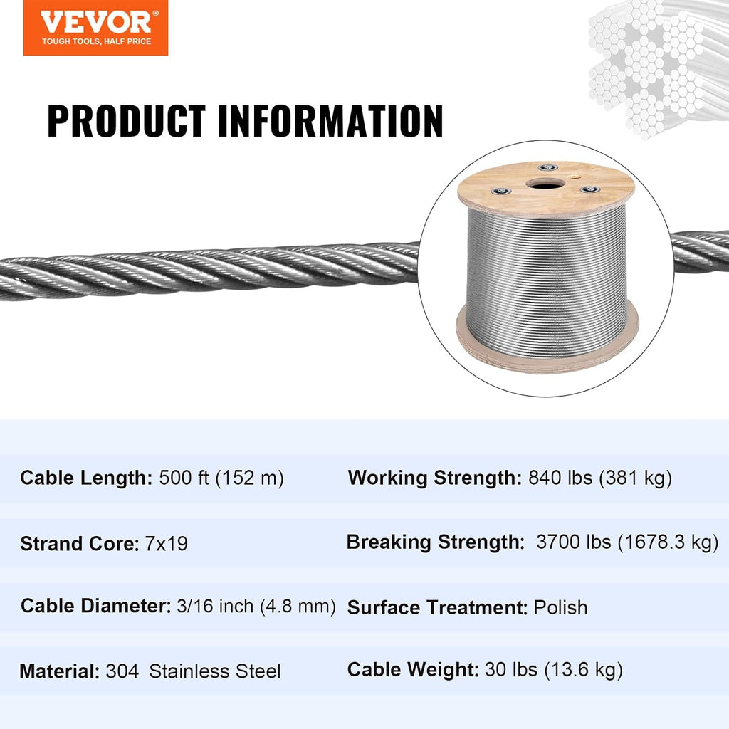 Happybuy Stainless Steel Cable 3/16'x 500ft, T304 Marine Grade Deck Cable Railing, 7x19 Strands Construction Braided Aircraft Cable for Deck Rail String Lights Hanging Porch Fence DIY Baluster