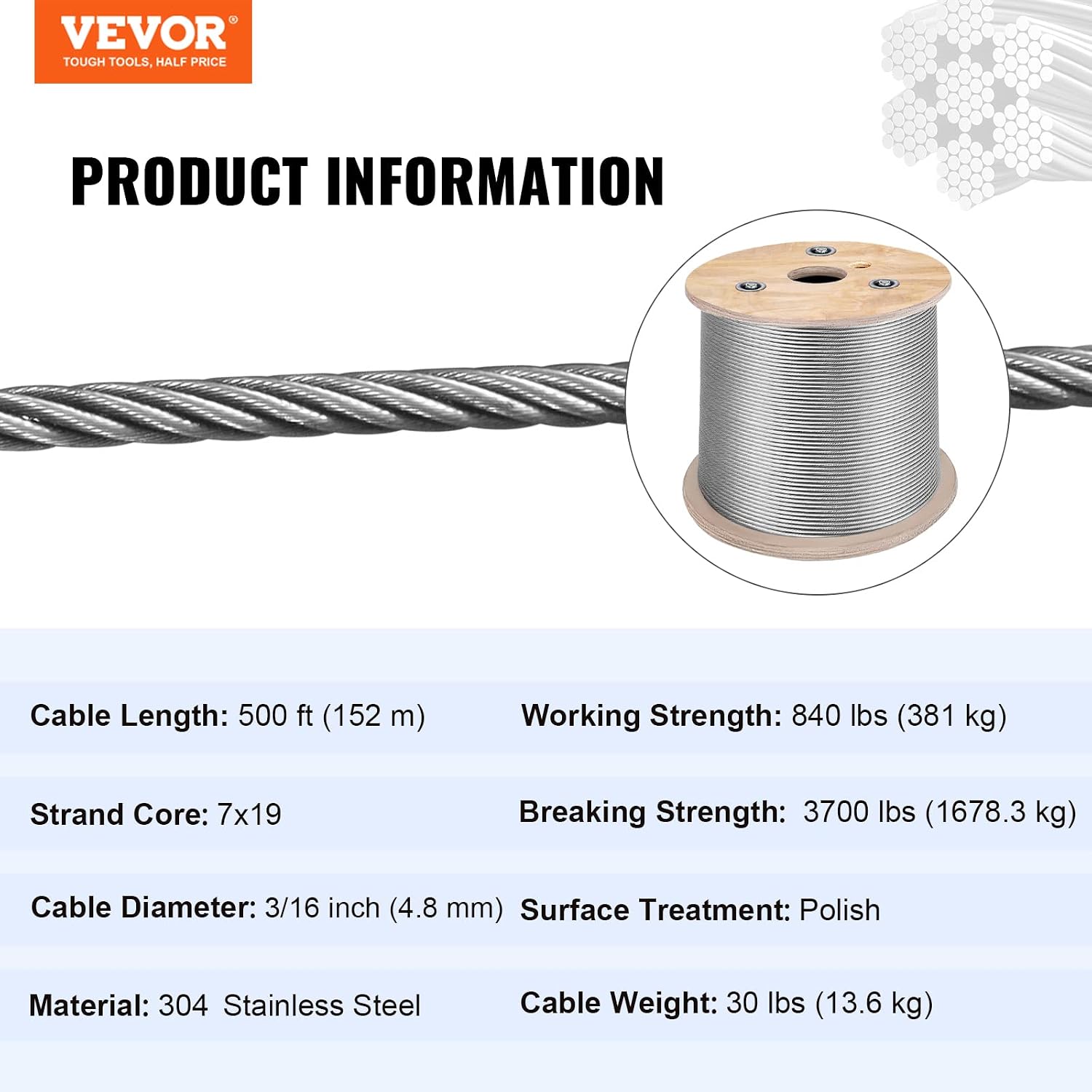 Happybuy Stainless Steel Cable 3/16'x 500ft, T304 Marine Grade Deck Cable Railing, 7x19 Strands Construction Braided Aircraft Cable for Deck Rail String Lights Hanging Porch Fence DIY Baluster