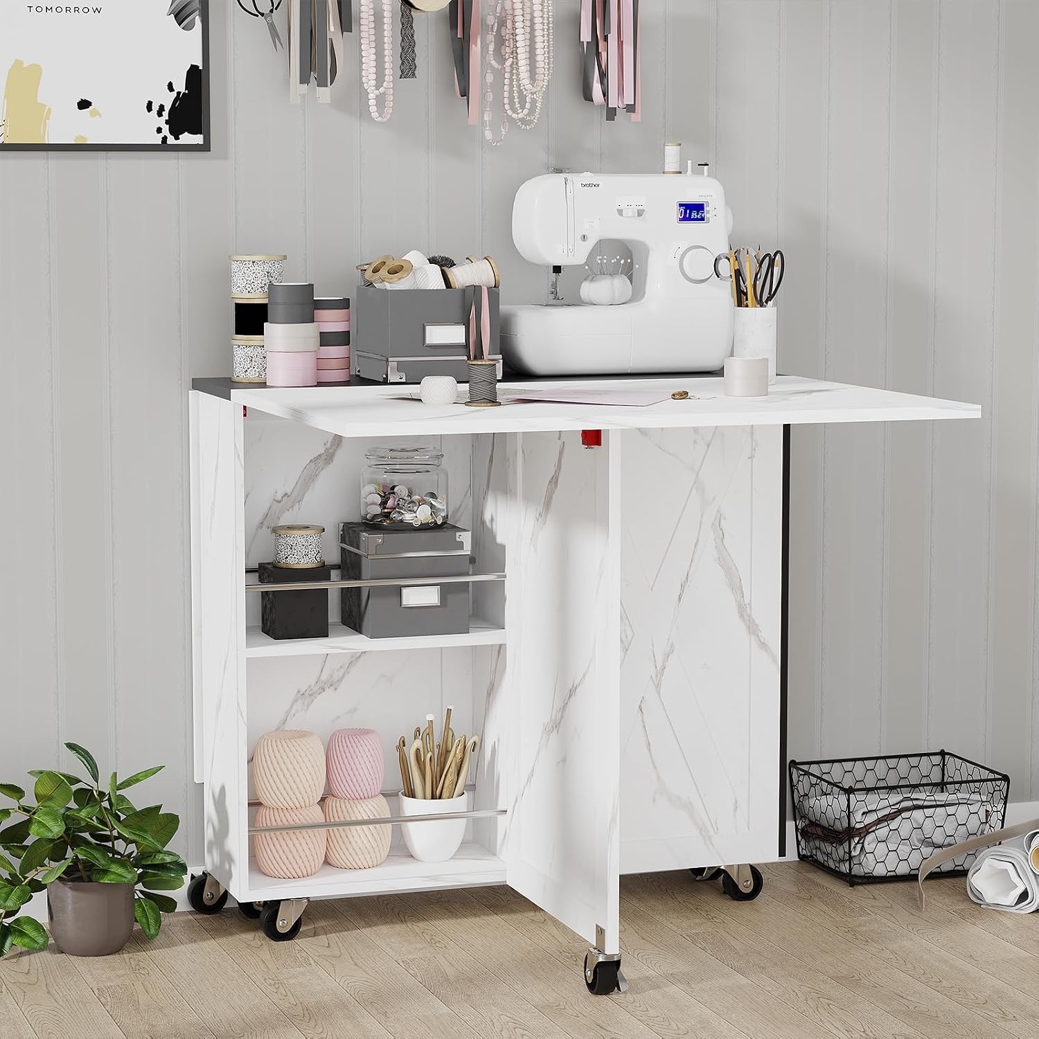 White Marble Mobile Folding Dining Table - 6-Wheel Rolling Kitchen Cart with Storage, Drop Leaf Design for Small Spaces, Seats 4-6