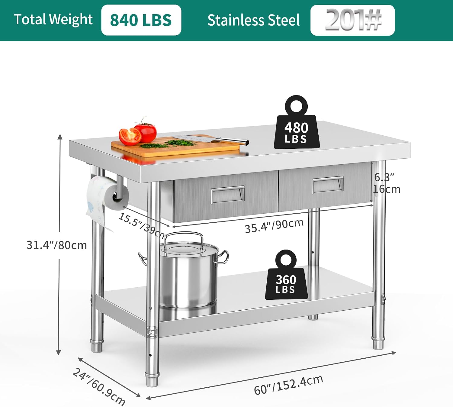YITAHOME 48' × 24' Stainless Steel Table with 2 Drawers, NSF Work Table with Drawer, Metal Table Prep Table for Home Kitchen Restaurant Garage Warehouse
