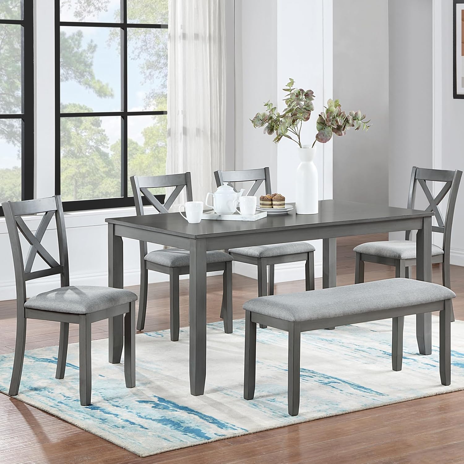 Harper & Bright Designs 6-Piece Dining Table Set with 4 Upholstered Chairs & Bench, 58.5' Rectangular Solid Wood Frame Table, Dining Table Set for 6 People, Living Room, Home Bar and Kitchen,Grey