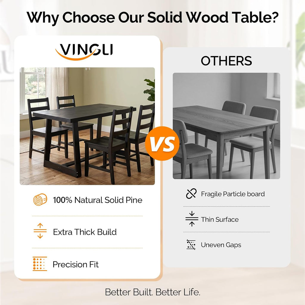 VINGLI 48 Inch Farmhouse Dining Table for 4-6, Solid Pine Wood Table with 4 Corner Protectors, Rectangular Dining Table for Kitchen, Dining Room, Small Apartment, Studio, Family Dinner, Black