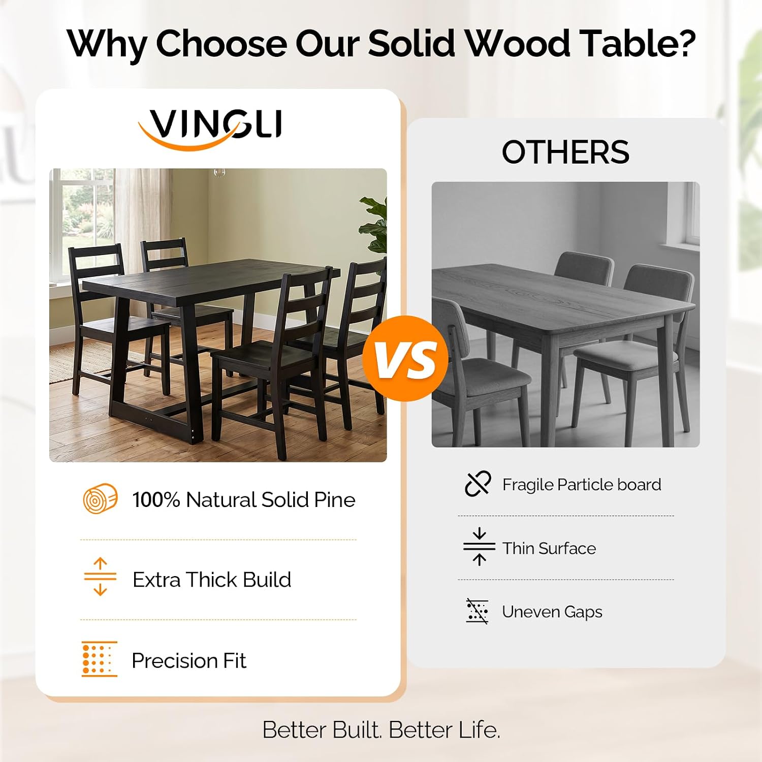 VINGLI 48 Inch Farmhouse Dining Table for 4-6, Solid Pine Wood Table with 4 Corner Protectors, Rectangular Dining Table for Kitchen, Dining Room, Small Apartment, Studio, Family Dinner, Black