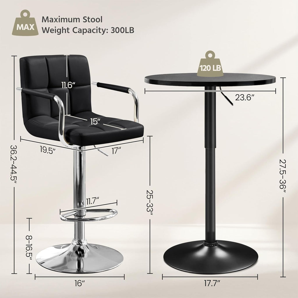 Yaheetech 3-Piece Bar Table Set, Round Bar Table and PU Leather Adjustable Swivel Chairs, Modern Counter Height Table Set with 2 Bar Stools for Kitchen, Full Black