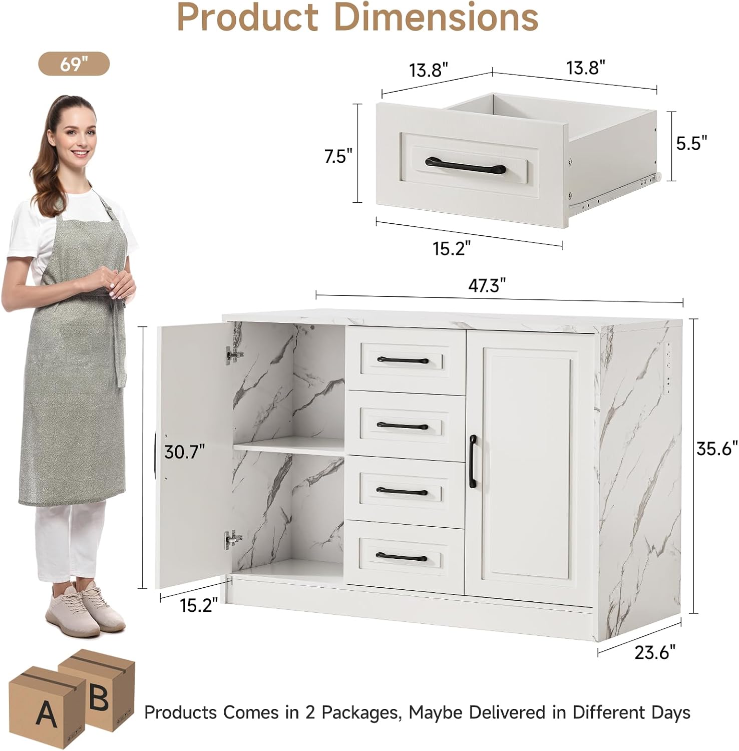 ONBRILL 47.3' Kitchen Island with 2 Storage Cabinets & 4 Drawers, Modern Imitation Marble Dining Table with Power Outlet, Island Bar Table for Kitchen, Dining Room, Living Room, White