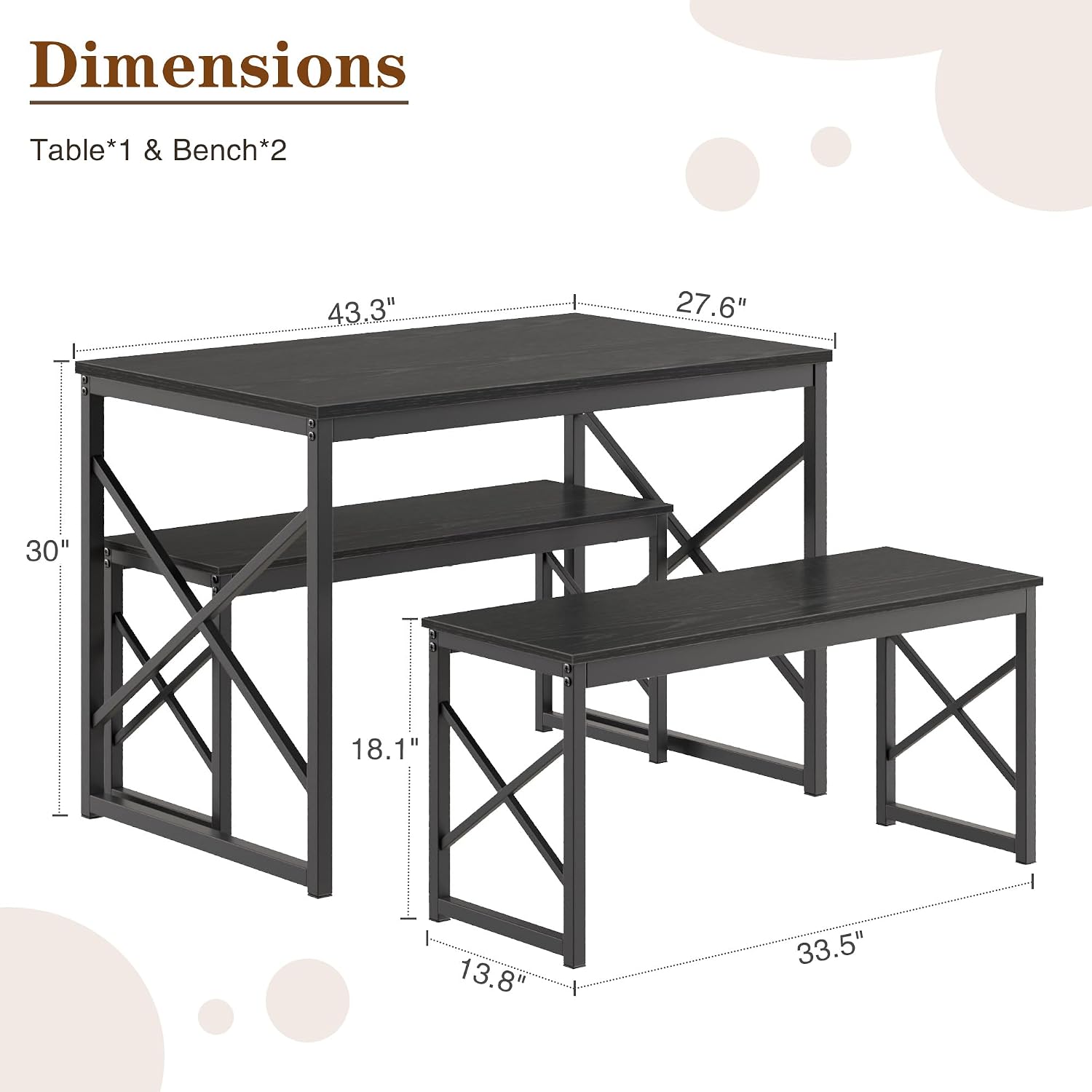 VECELO 43.3' Kitchen Dining Table Set for 4, Heavy-Duty Steel Frame & Wood-Grain Tabletop, Spaving Saving Dinette Sets with 2 Benches for Breakfast Nook and Small Space, Black