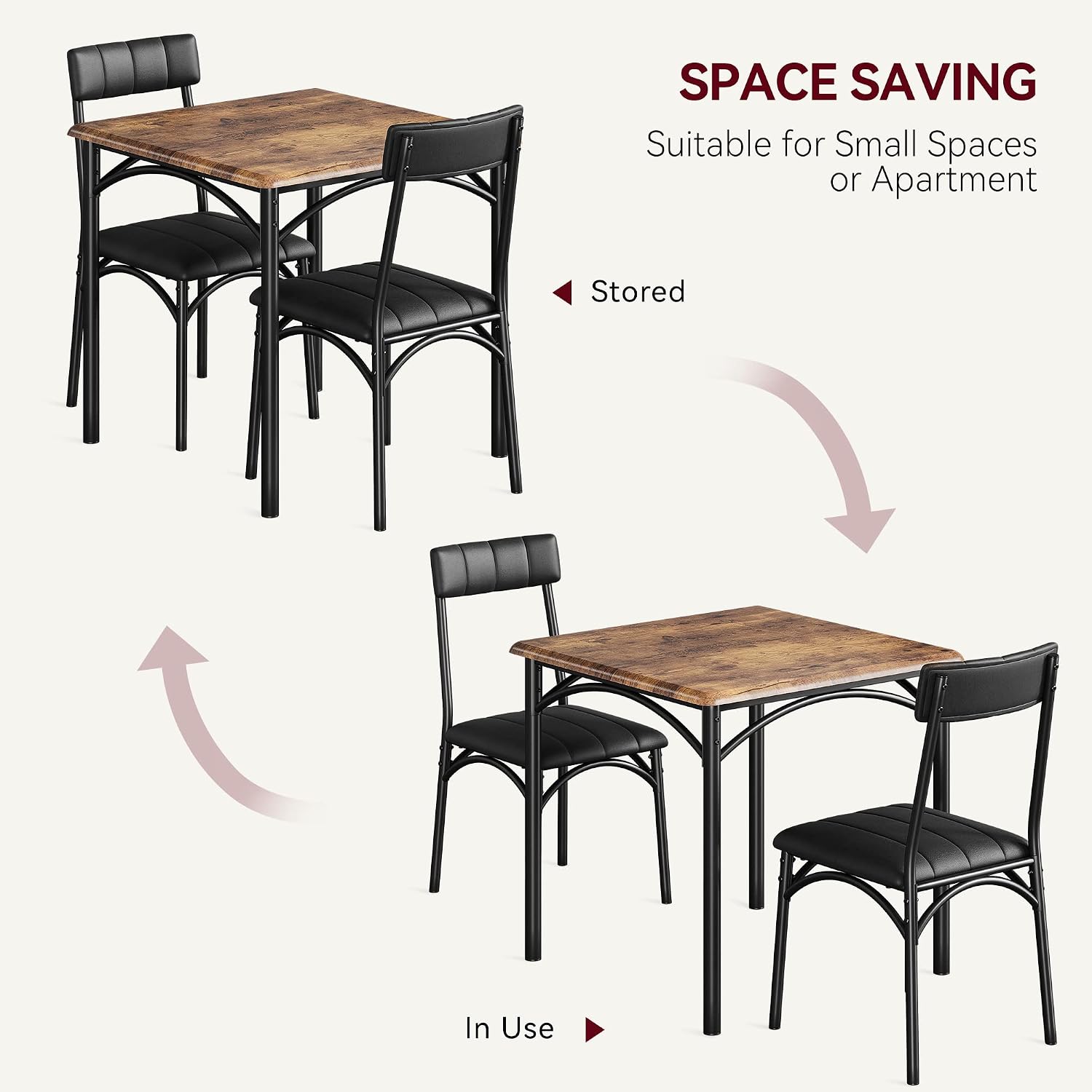 3-Piece Dining Table Set for 2, Kitchen Table Set with 2 Upholstered Chairs, Square Dining Table Set for Apartment, Studio, Small Space, Brown