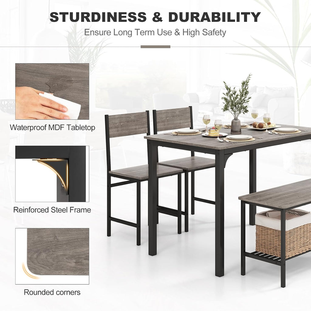 Giantex Dining Table Set for 4, Kitchen Table with Bench and Chairs, Industrial Gathering Bench Dining Set W/Metal Frame & Storage Rack, Dinette Set, Modern Functional Desk Set (Grey)
