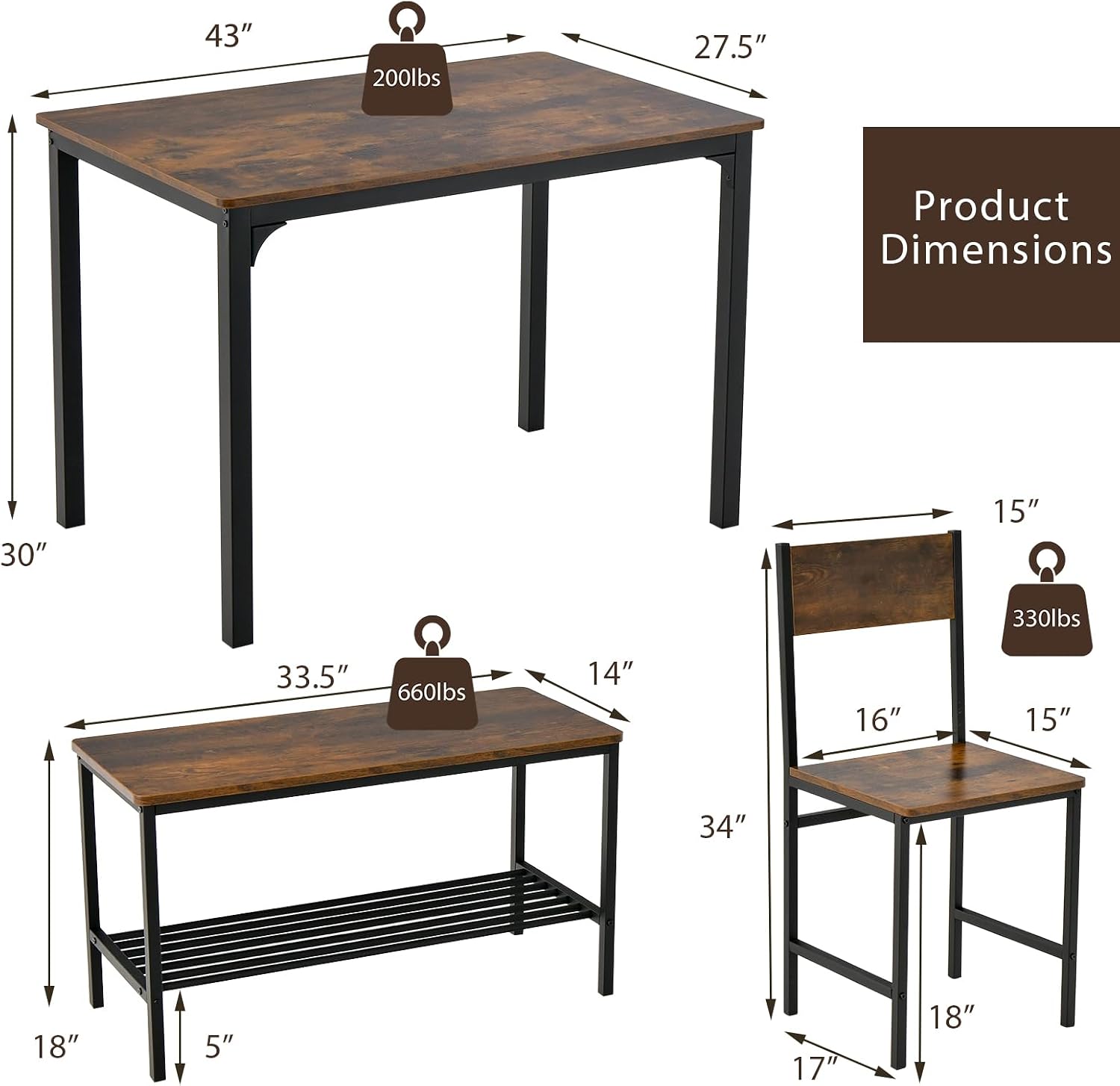 Giantex Dining Table Set for 4, Kitchen Table with Bench and Chairs, Industrial Gathering Bench Dining Set W/Metal Frame & Storage Rack, Dinette Set, Modern Functional Desk Set (Rustic Brown)