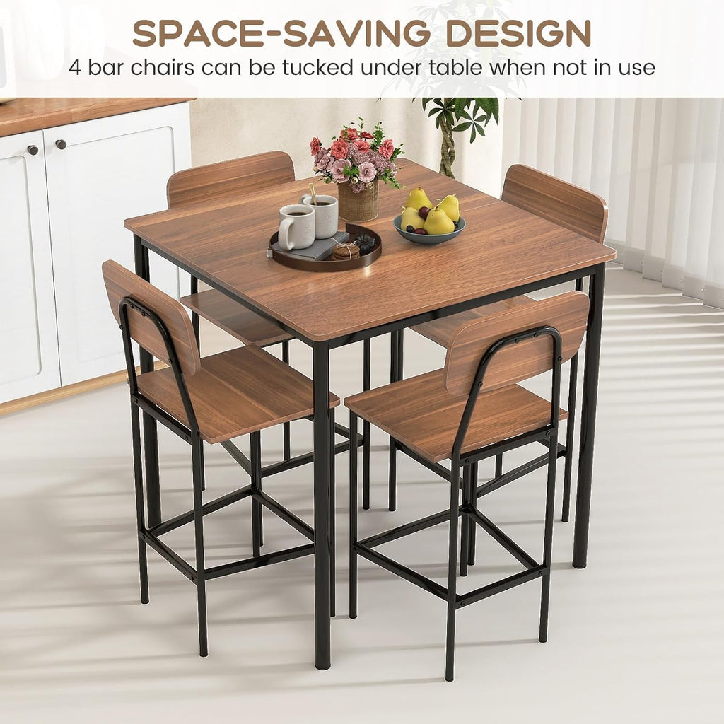 Giantex 5-Piece Dining Table Set W/Counter Height Table & 4 Bar Stools, Industrial Kitchen Dining Table Set W/Footrest & Backrest, Space-Saving Dinette Set for Pub, Dining Room, Restaurant (Teak)