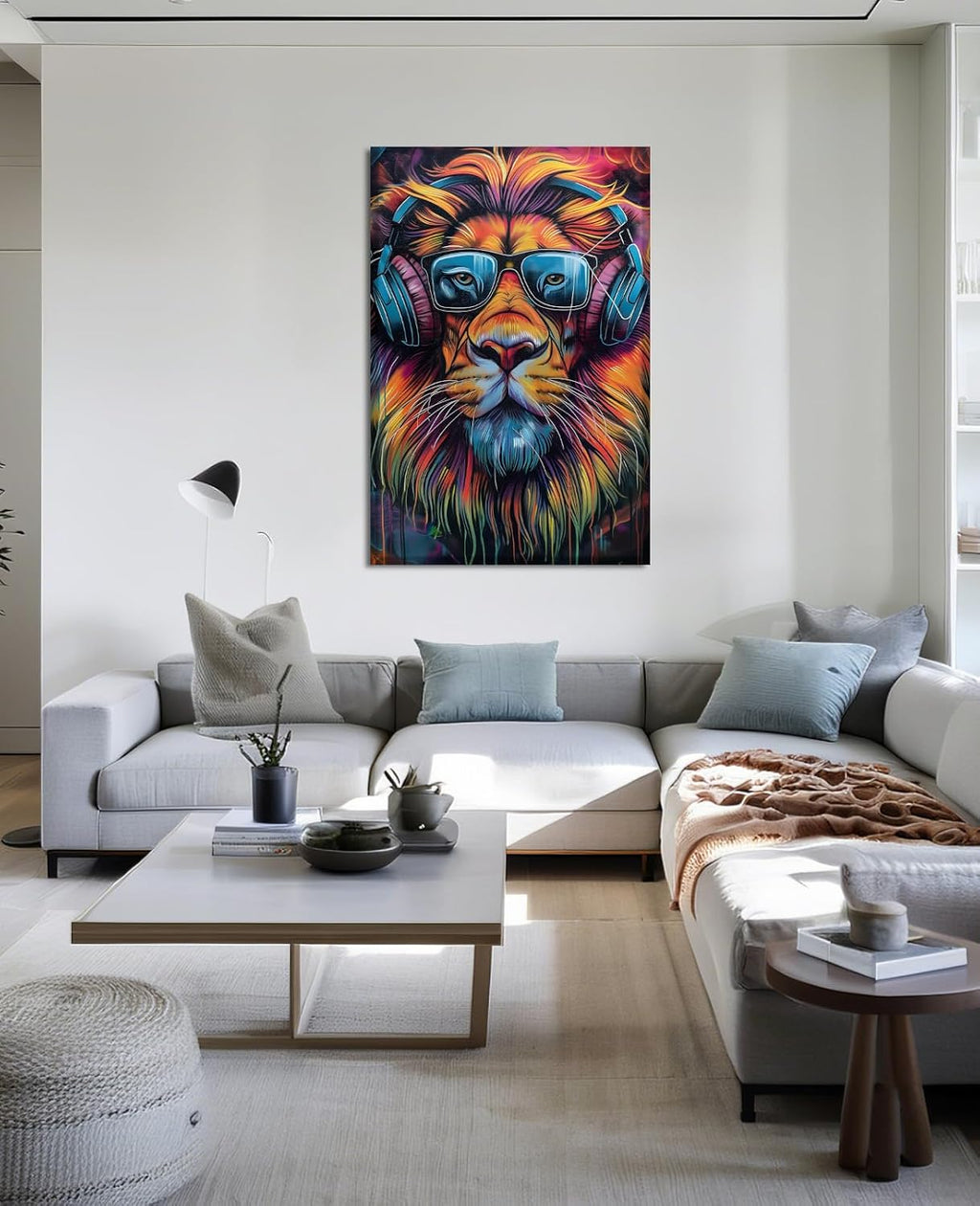 KPLUNDO Canvas Wall Art Lion Wall Decor Graffiti Picture Funny Animal Listen to Music Painting Colorful Poster for Living Room Bedroom Home Office Decor Gallery Wrapped(Art-2,28.00x42.00 inch)