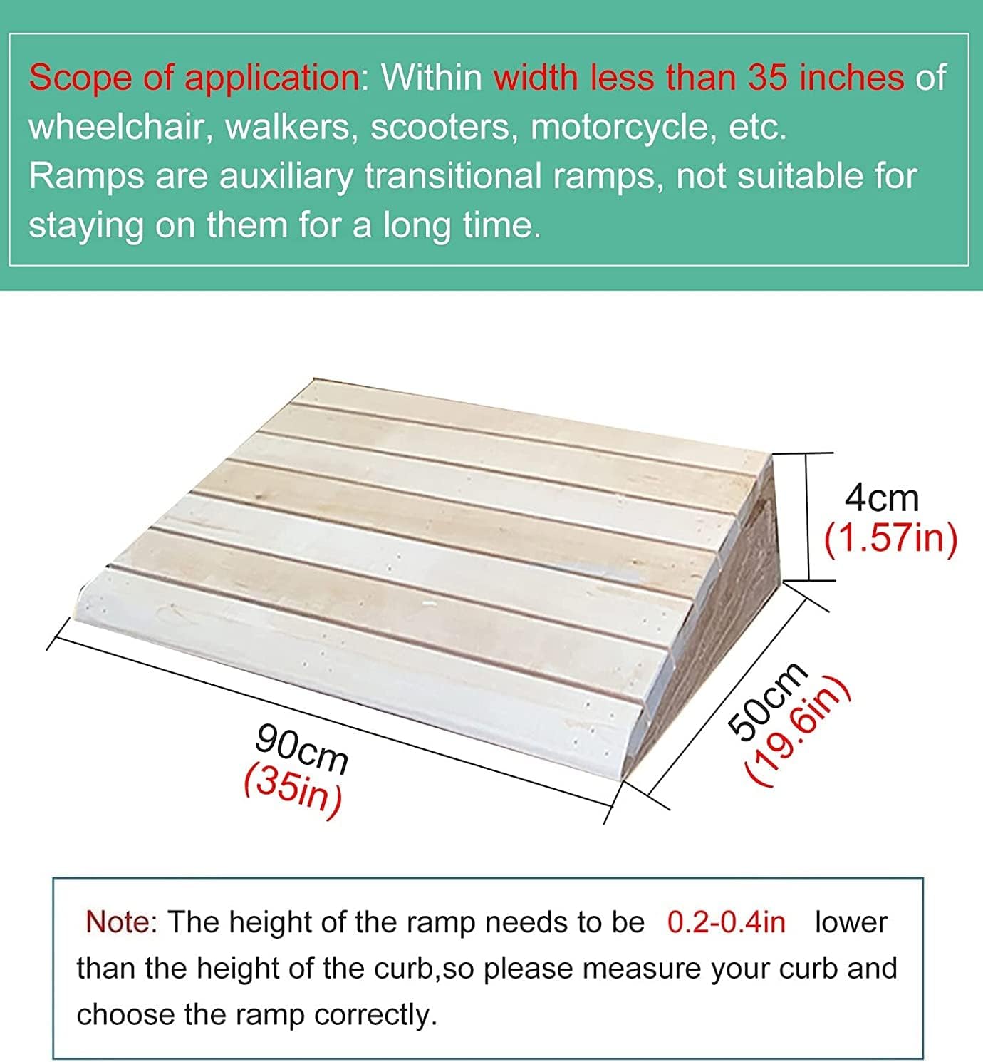 Entry Ramps for Wheelchairs for Home Stairs Garden Deck, Wooden Doorways Threshold Ramps, 10/12/14/15/16/18/20cm High, Scooters Bikes Cars(35x19.6x1.5in)