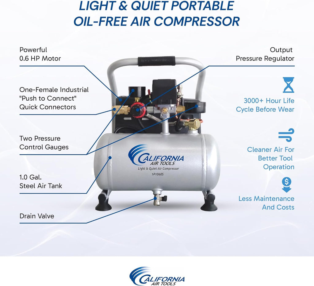 California Air Tools CAT-1P1060S Light & Quiet Portable Air Compressor, Lightweight, Ultra Quiet, Oil-Free, 1 Gallon Steel Tank, .6 HP, 56 dBA Noise Level, Silver