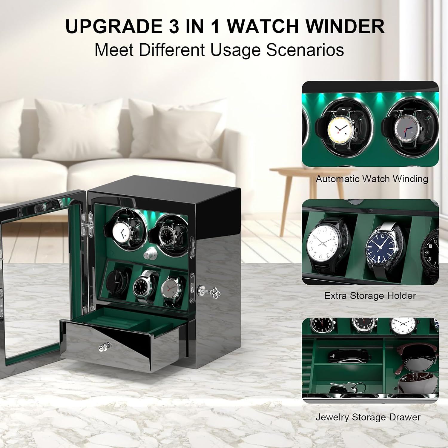 DUKWIN Watch Winder for 4/6/8 Automatic Watches, Lockable Winders with Watch Holders and Jewelry Storage, Super Quiet Motor with High-Gloss Finish, Built-in Illumination