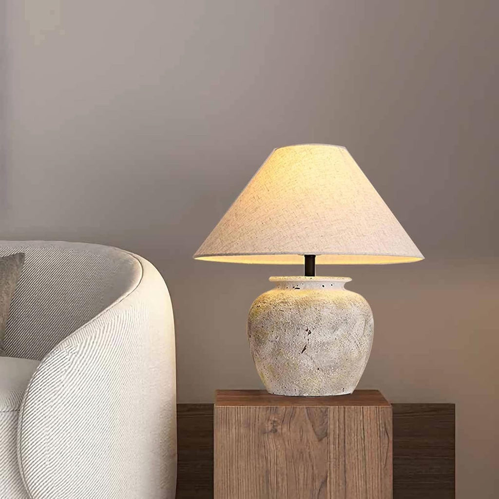 Rustic Farmhouse Crock Pot Table Lamp Handmade Creative Ceramic Table Lamp Southwest White Lamp Body with Off-White Fabric Lampshade Bedside Nightstand for Living Room Bedroom Home Office
