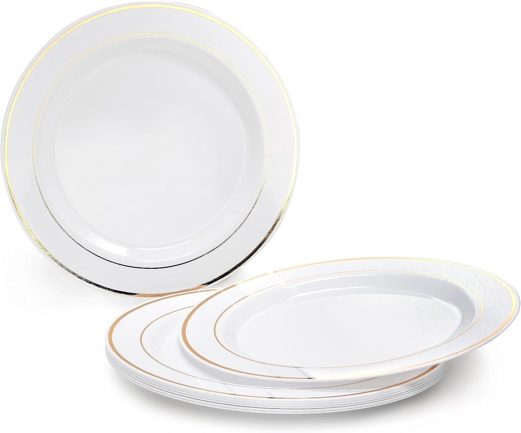 ' OCCASIONS ' 640Piece set (80 Guests)-Heavyweight Wedding Party Disposable Plastic Plate Set -80 x 10.5'' + 80 x 7.5'' + Silverware + Cups +linen like paper Napkins (Ivory & Gold Rim)